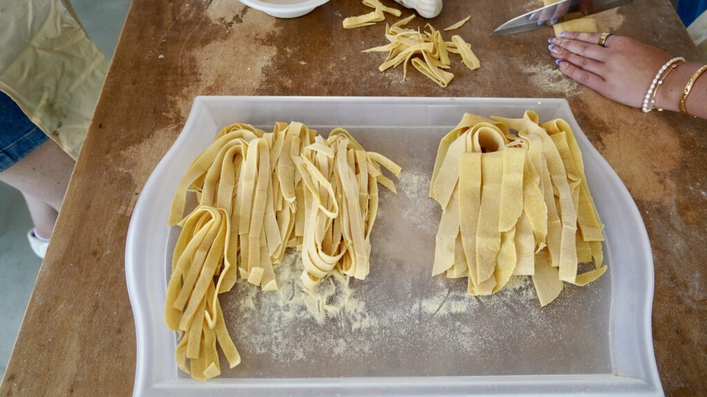 2 pasta shapes, fettuccine and tagliatelle. 